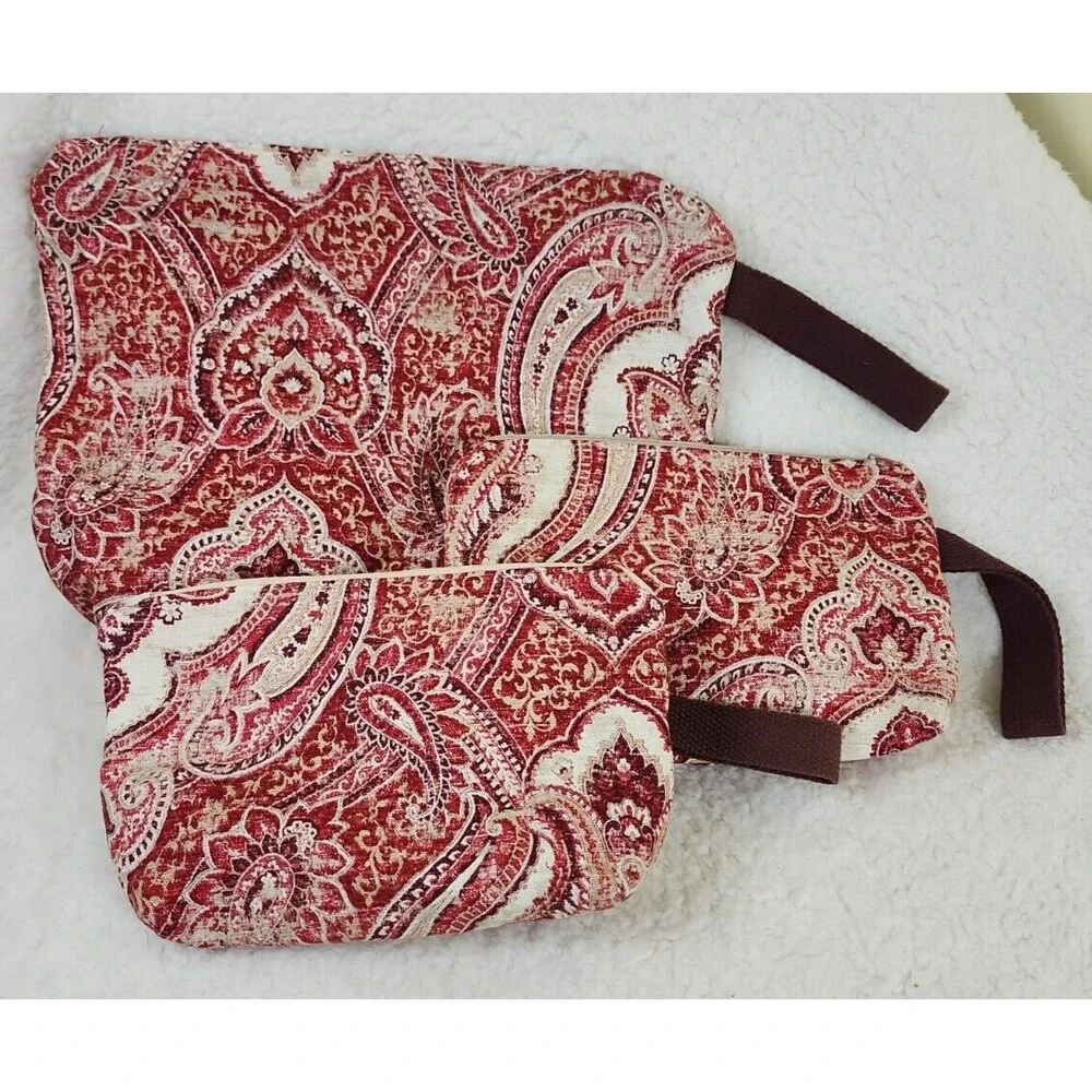 Fabric Tapestry Pattern Makeup Bag, Zippered Project Bag, Cream, Red Pouch